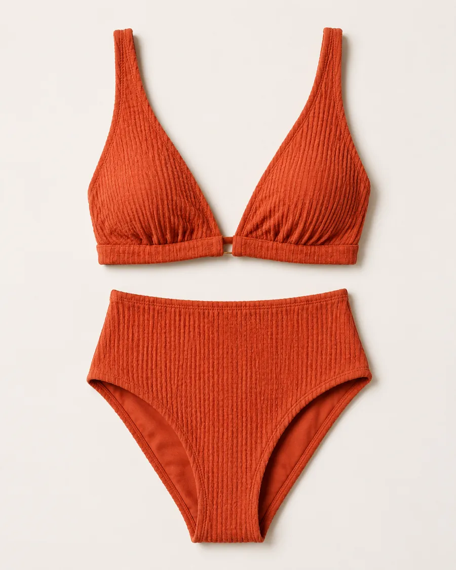 Terracotta high-waisted bikini set, product photo