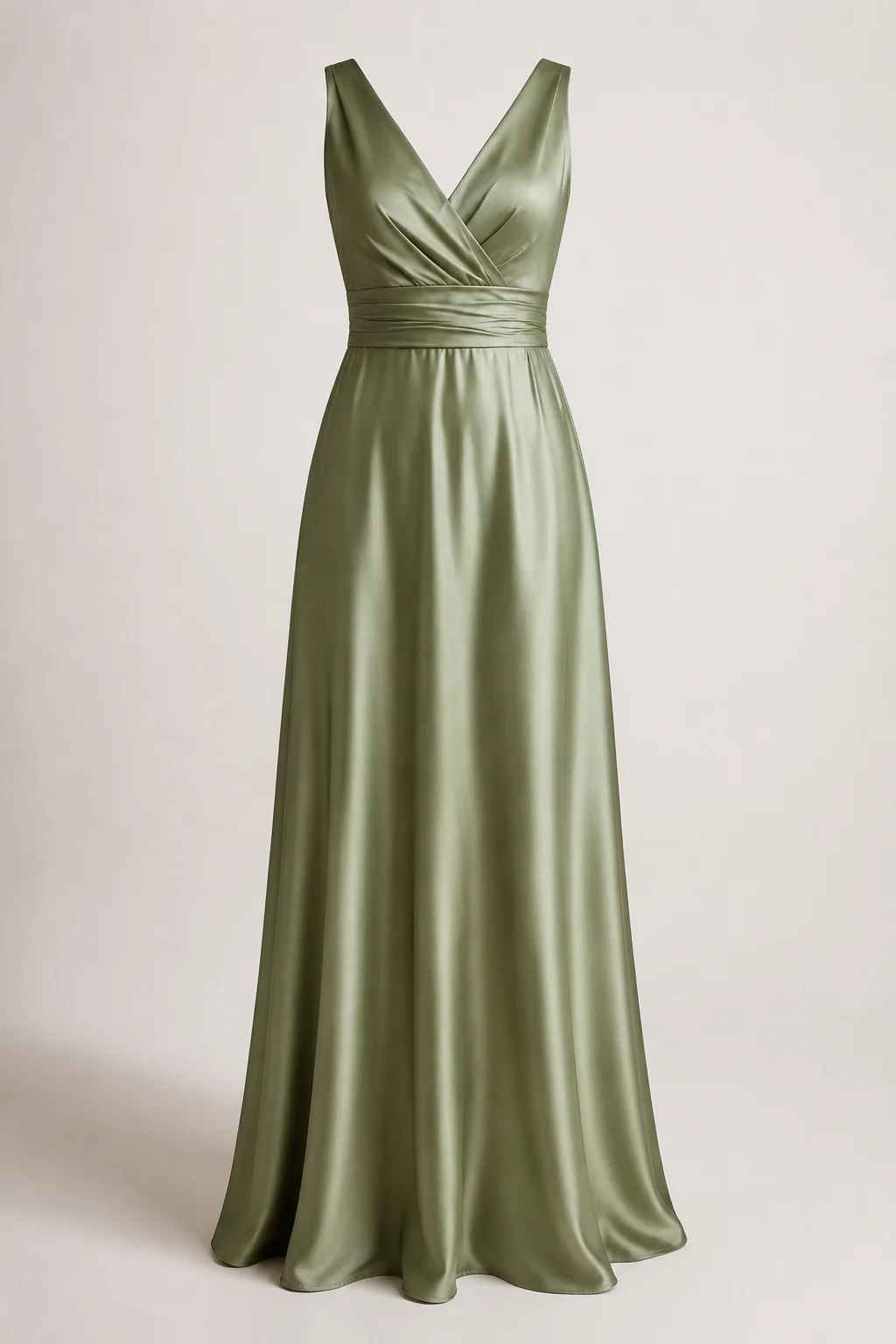 A floor-length satin bridesmaid dress in sage green on a plain studio background, product photo