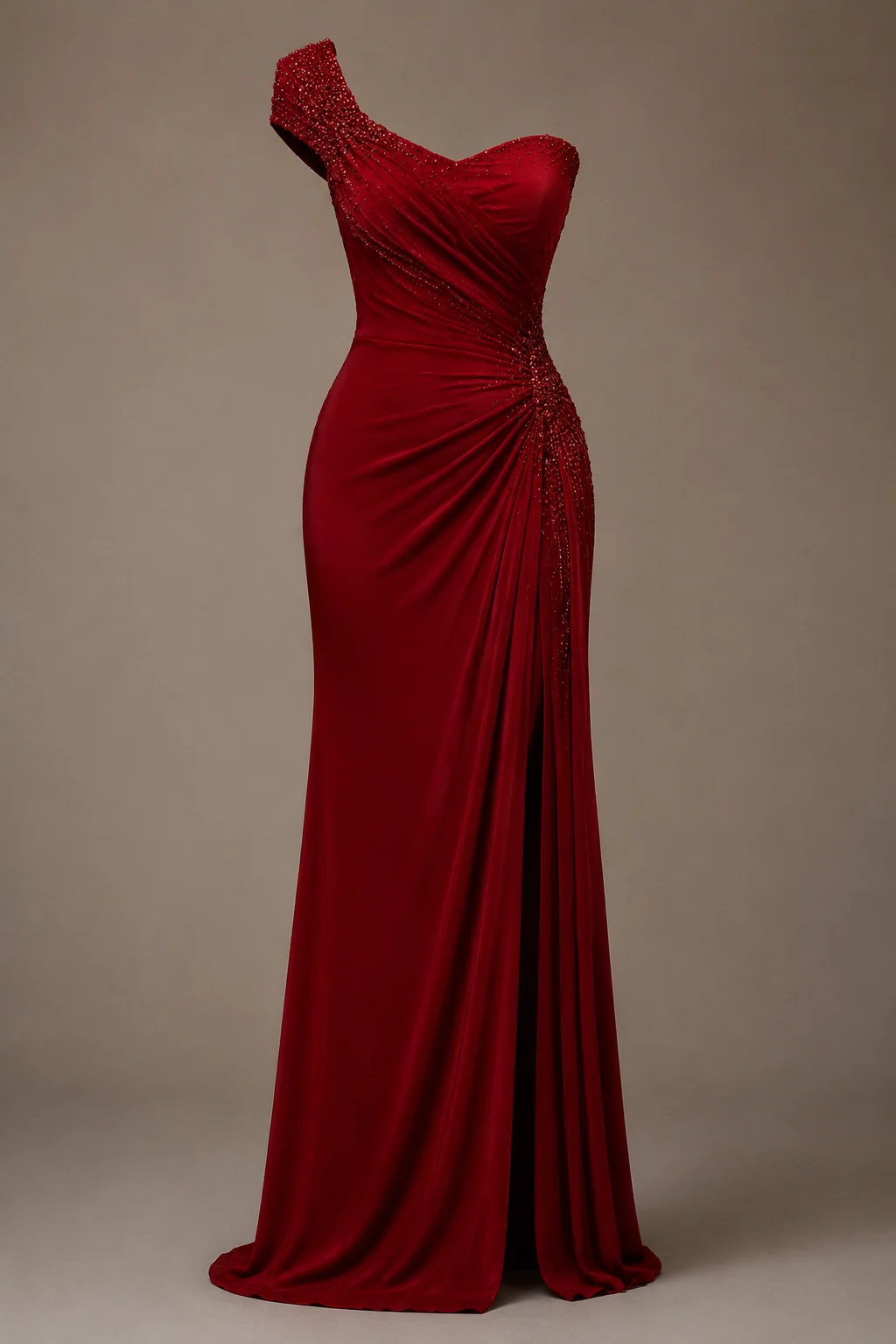 A fitted floor-length evening gown in deep ruby with subtle beading on a plain background, product photo