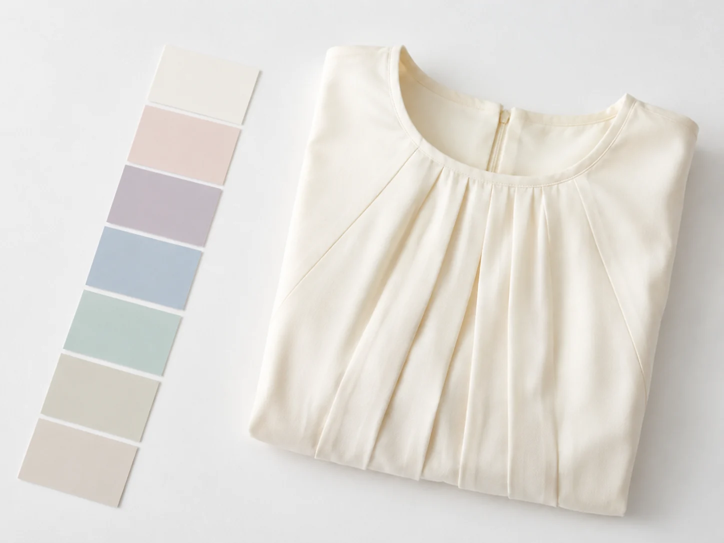 A row of pastel colour swatch chips beside a folded ivory dress, product photo