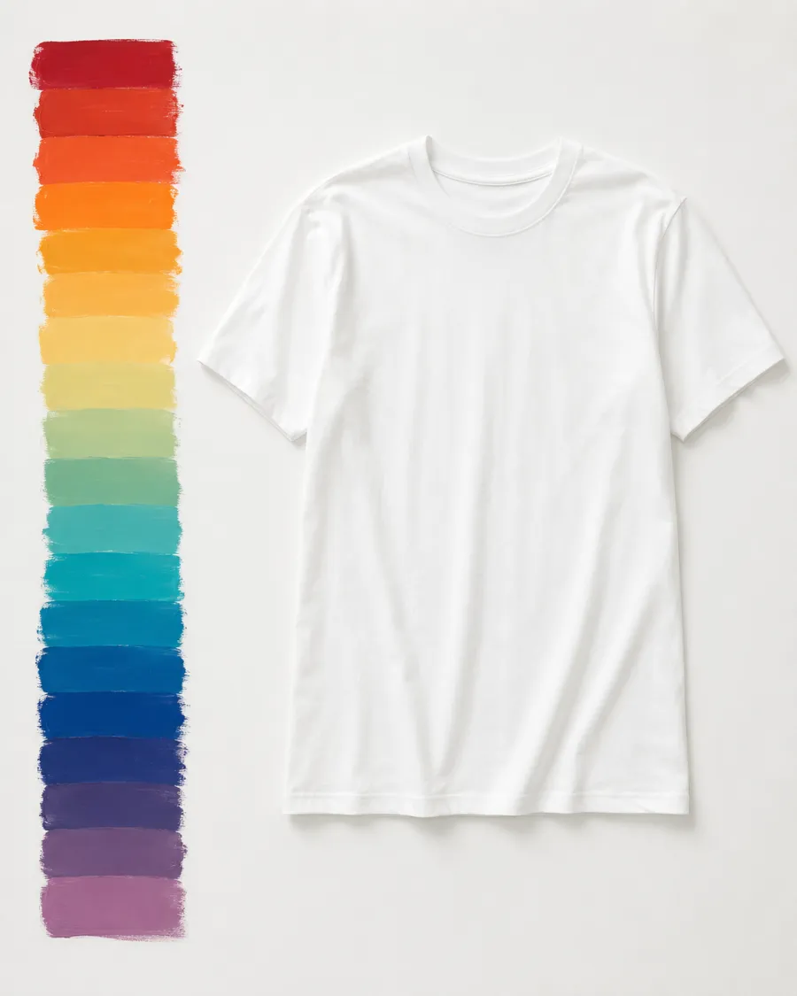 A row of color swatch chips beside a plain white tee, product photo