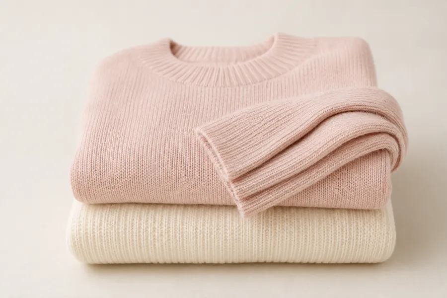 A folded blush-pink knit sweater, product photo
