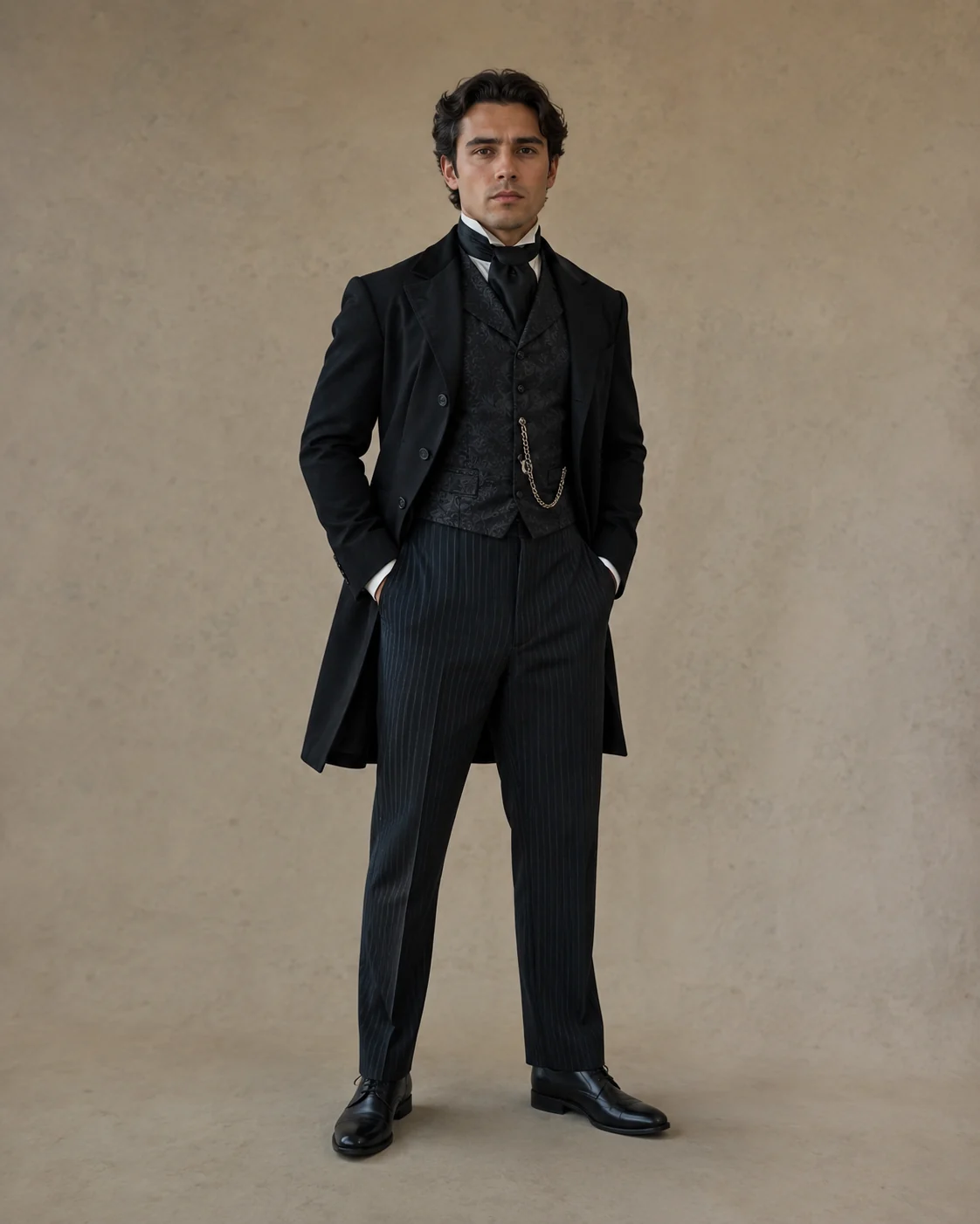 A man in a tailored Victorian-era costume with a waistcoat and high collar, standing in natural daylight on a neutral seamless backdrop