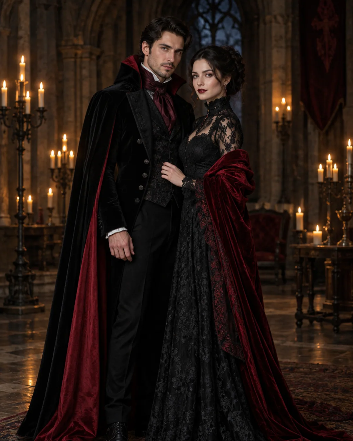 Adult couple in an original matching vampire couple costume in a gothic hall