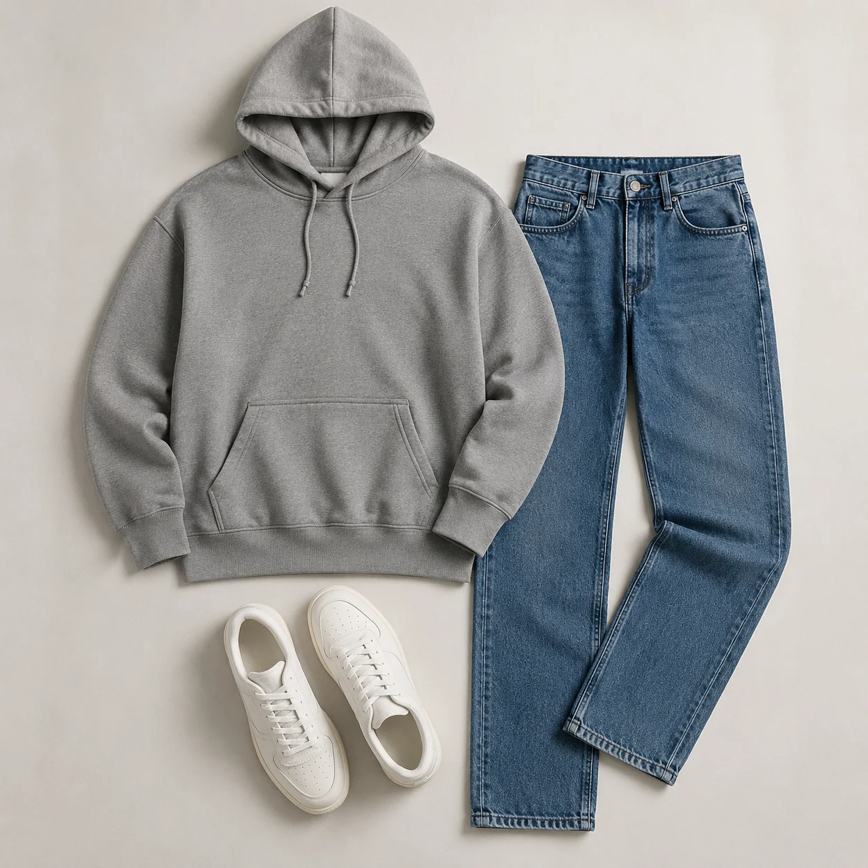 A relaxed casual outfit of a hoodie, straight jeans, and white sneakers laid flat on a plain light background