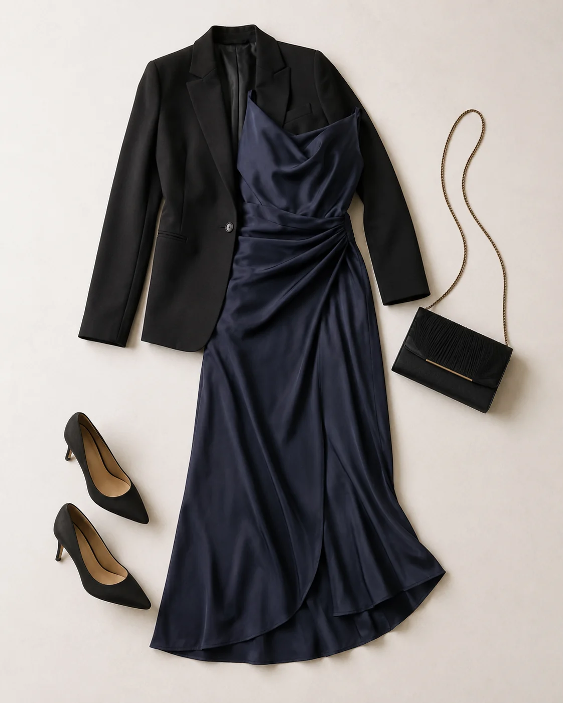An elegant evening outfit with a fitted blazer and a midi dress arranged neatly on a plain studio background