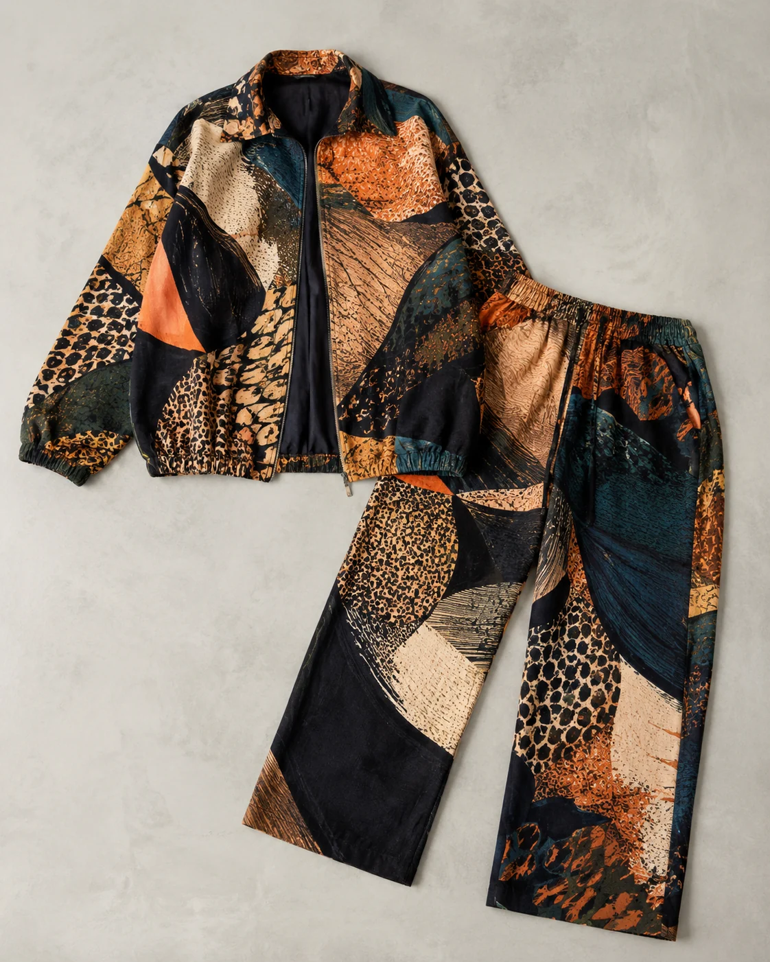 A bold patterned oversized jacket and printed trousers displayed flat on a clean neutral surface