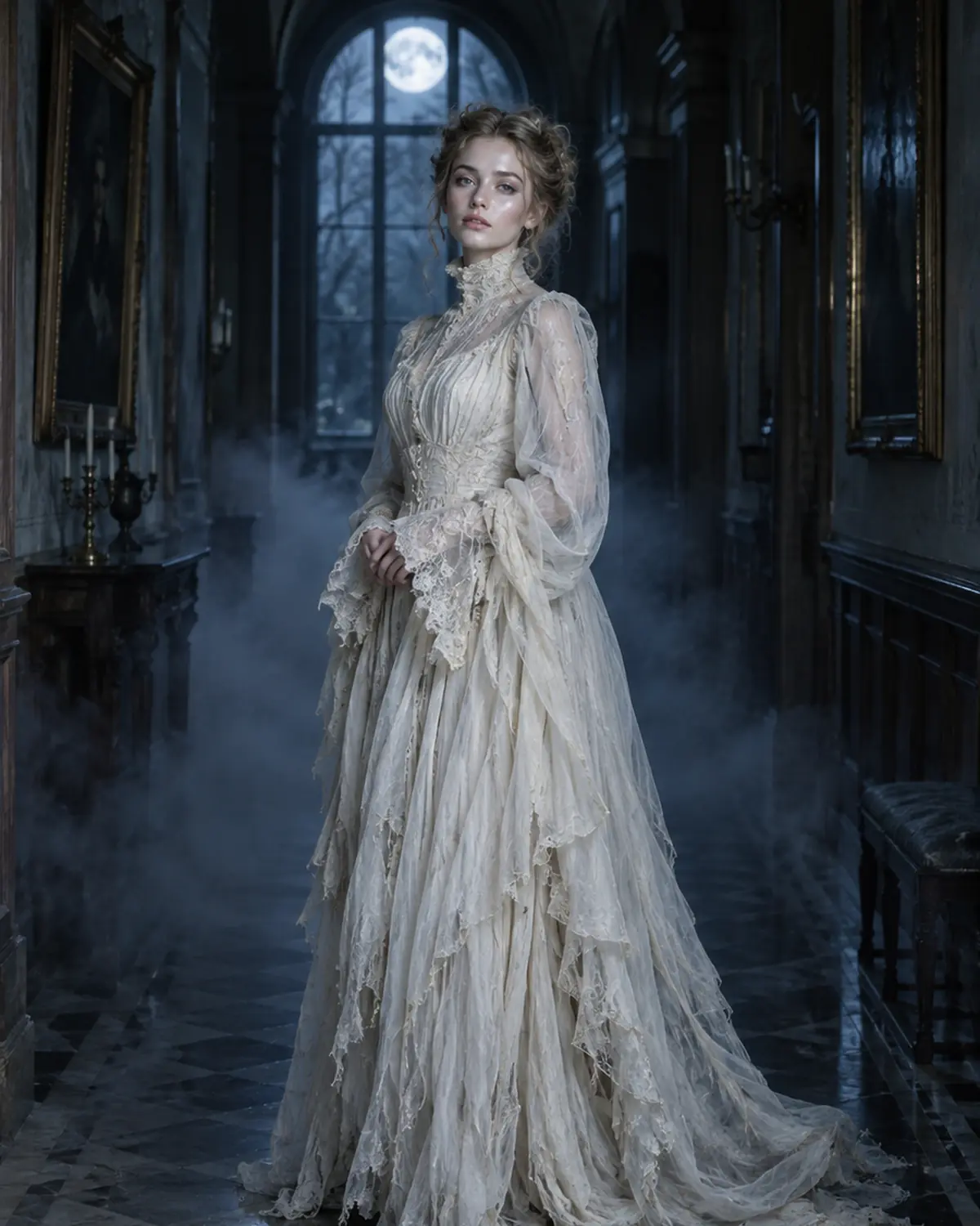 Adult woman in an original Victorian ghost gown in a misty manor