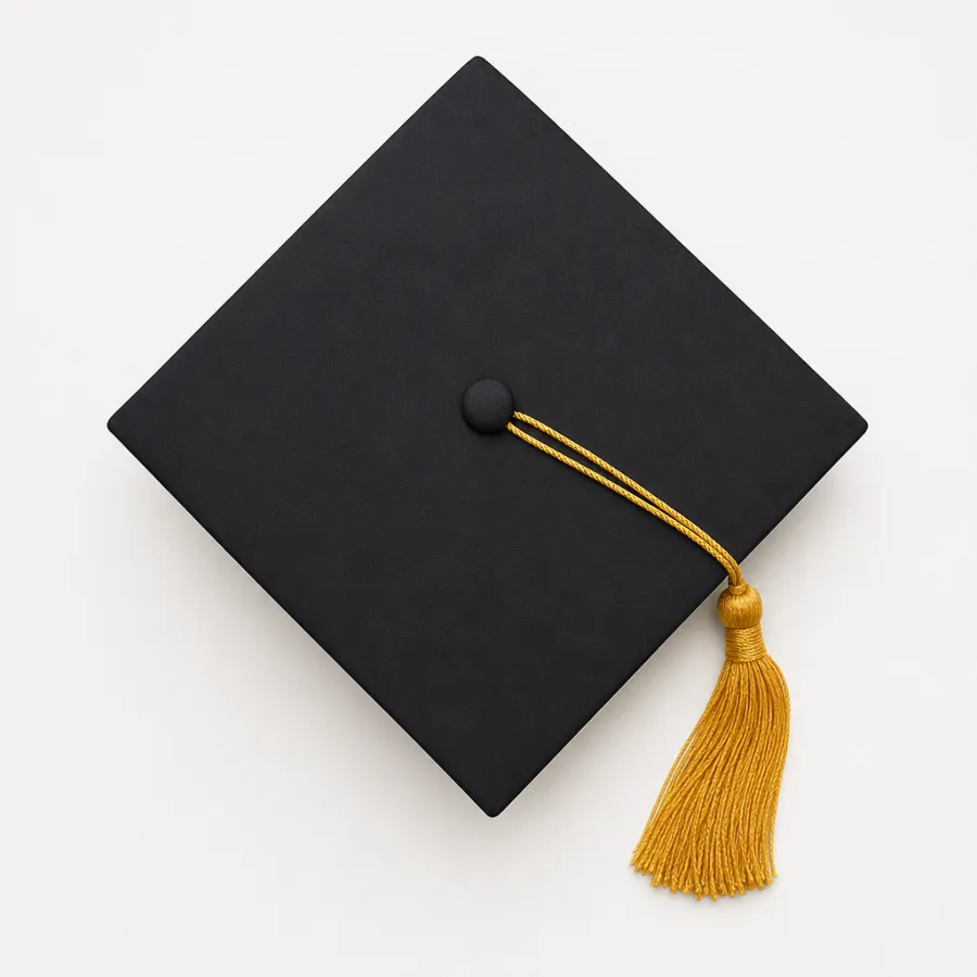 A black graduation cap with a gold tassel, product photo