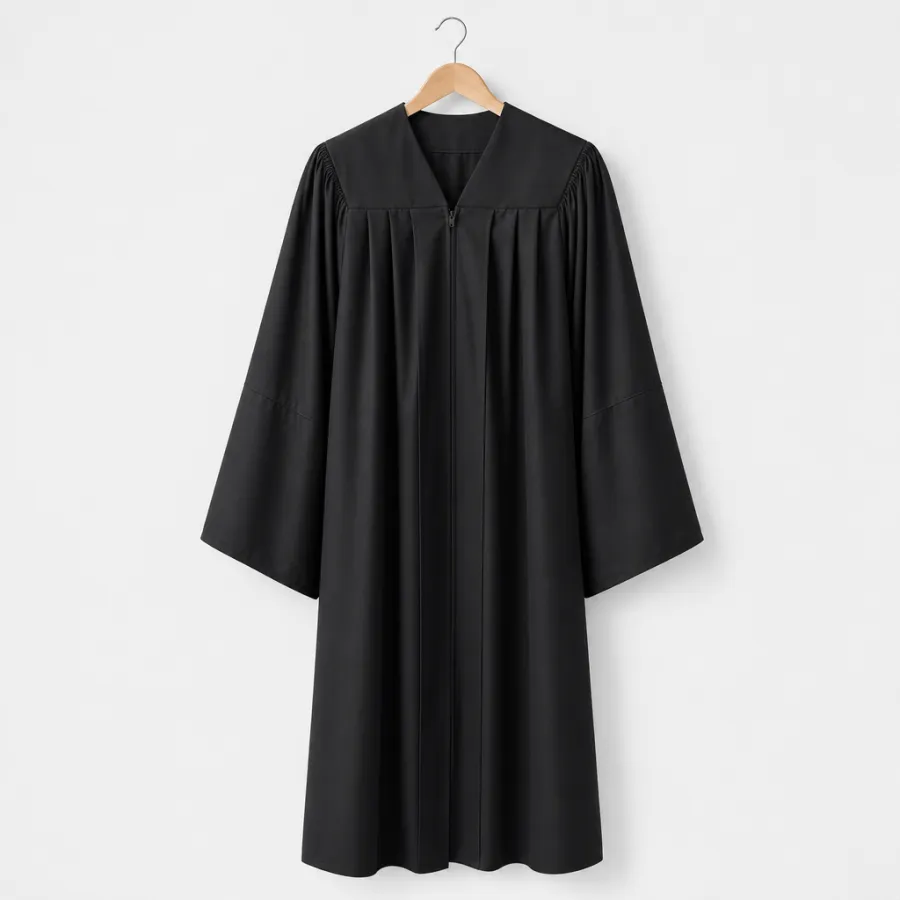 Black bachelor graduation gown on a hanger, product photo