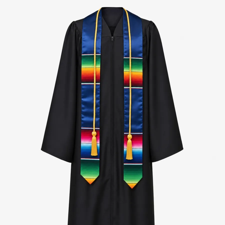 Graduation gown with a coloured honor stole and cords, product photo