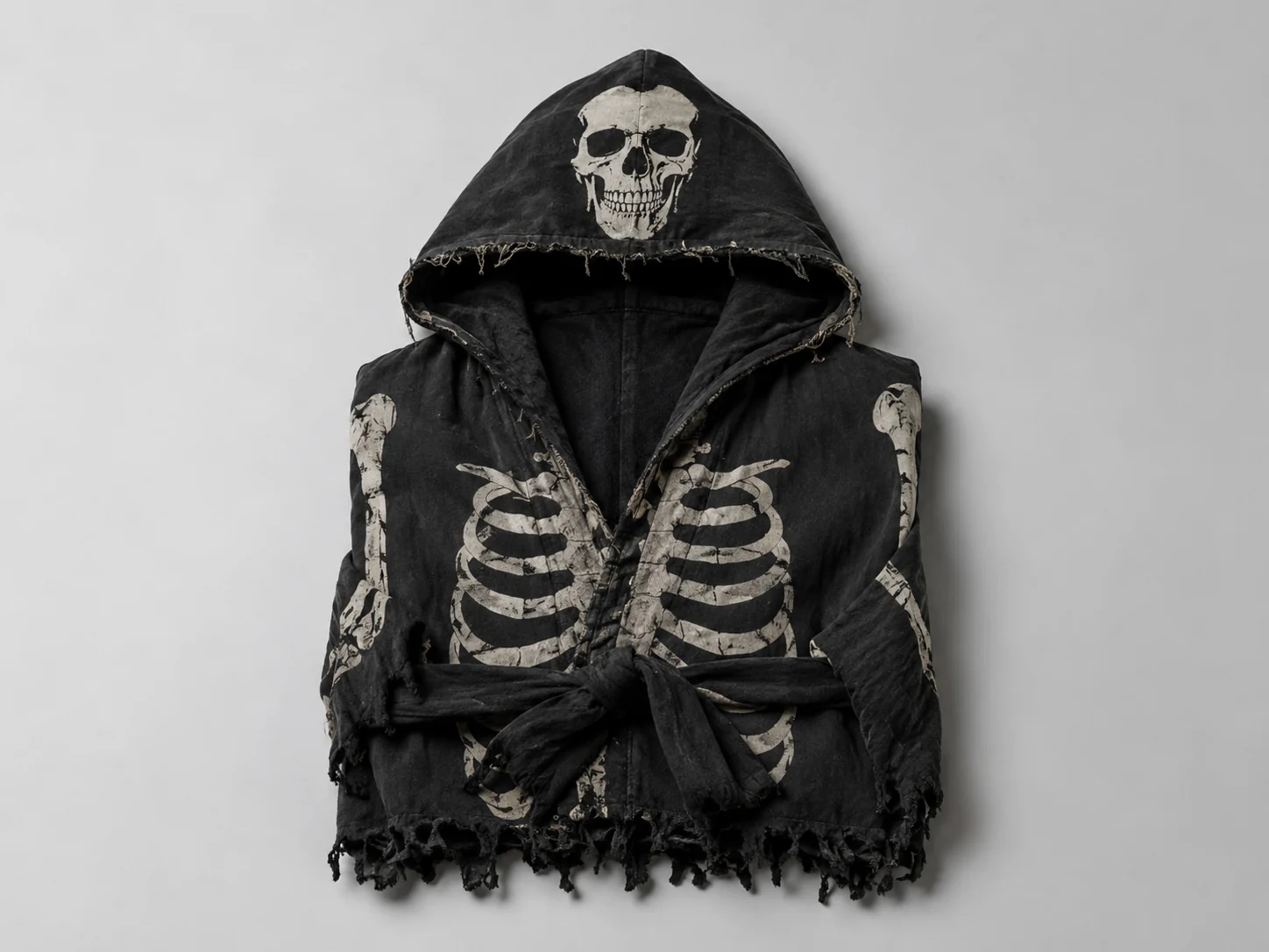 Folded hooded skeleton-print Halloween robe with a frayed hem laid flat on a plain light gray background, no person, no logos or text