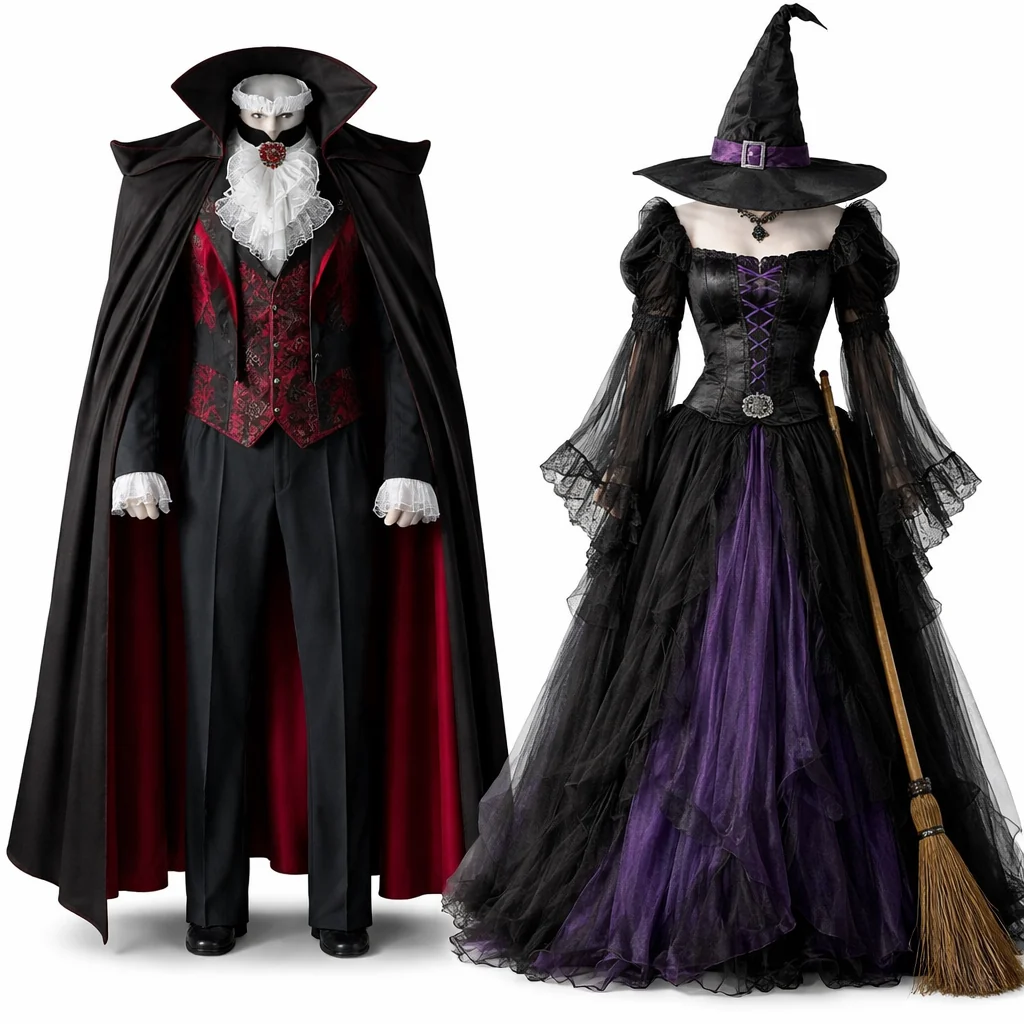 Two coordinated Halloween costumes, a vampire look and a witch look, displayed side by side on plain white backdrops, soft even light