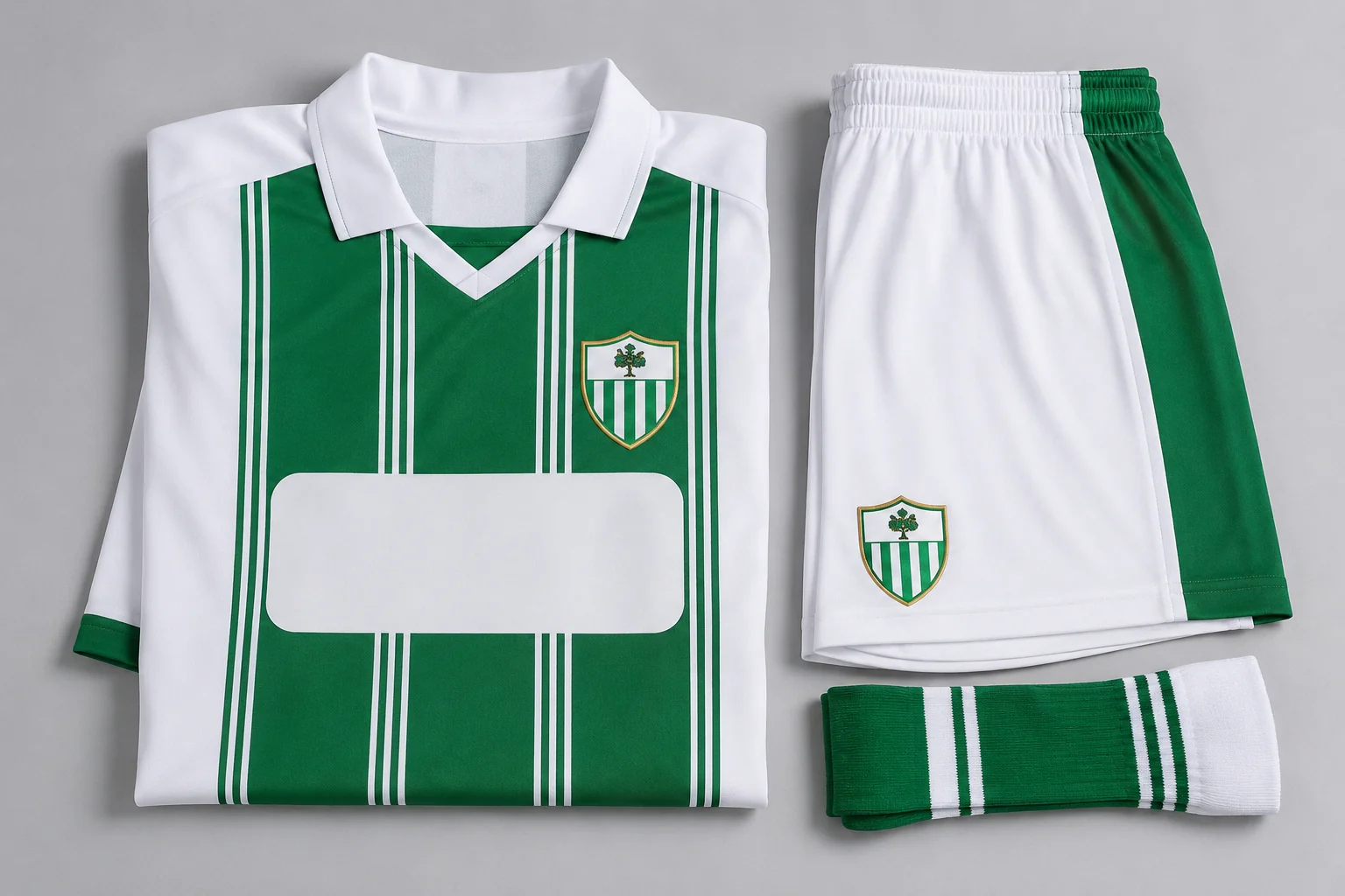 Folded green-and-white soccer away kit with a crest and a blank sponsor panel, laid flat on a plain light gray surface, sharp product lighting