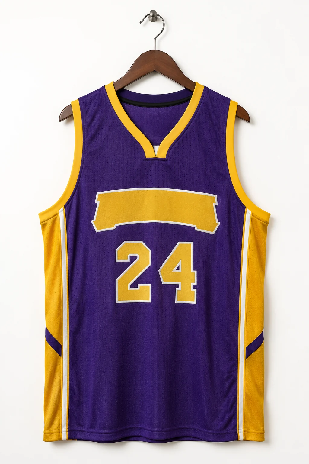Purple-and-gold sleeveless basketball jersey with a chest wordmark and front number, hung on a hanger against a plain white background