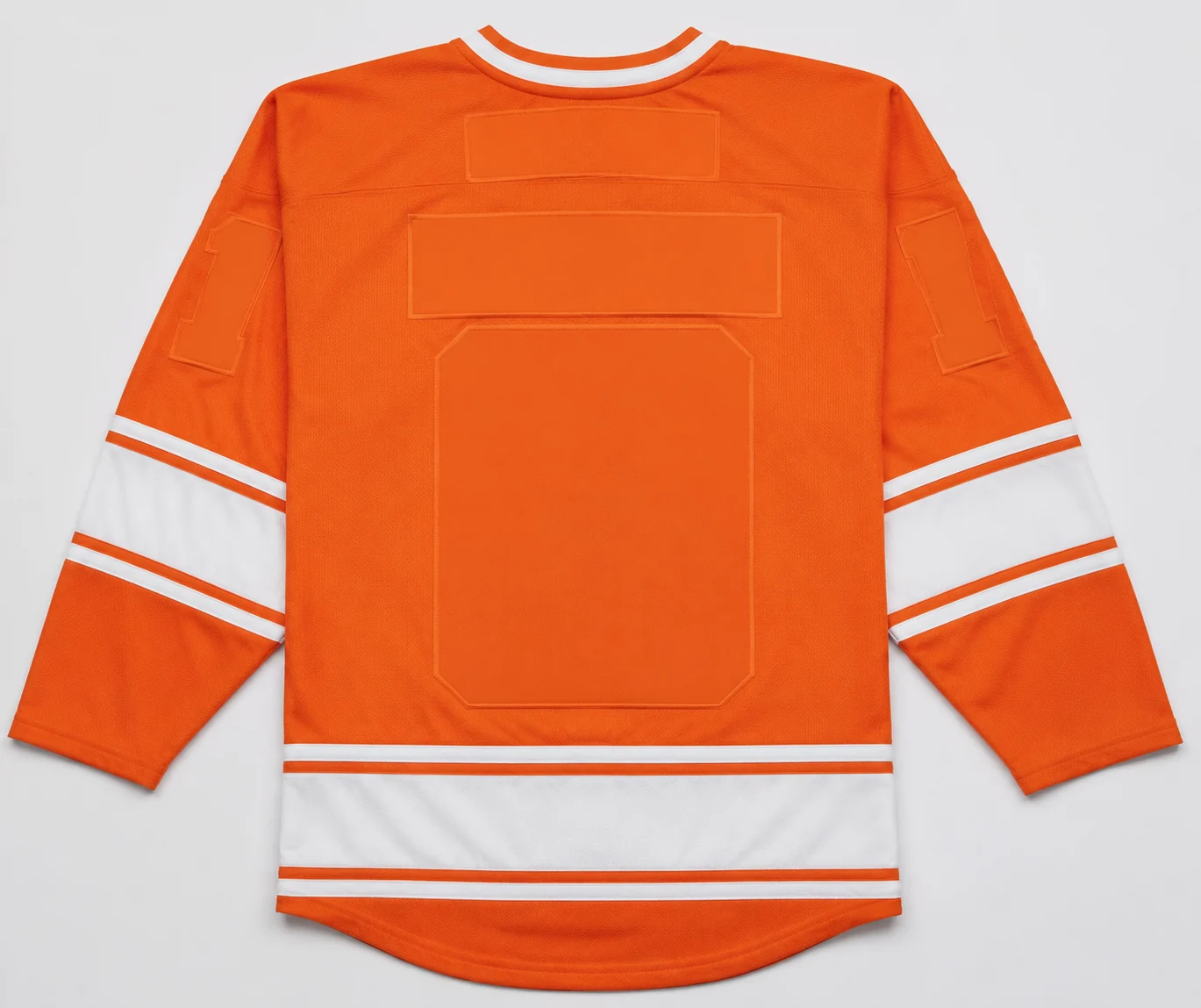 Custom orange hockey-style jersey mockup with a surname and number on the back, displayed flat on a plain neutral background, clean even light