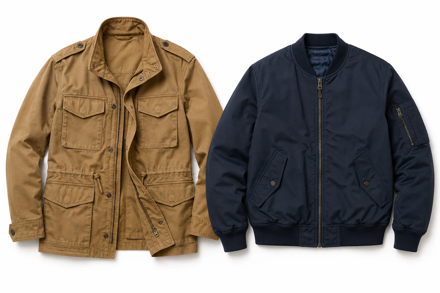 Product shot of a tan field jacket and a navy bomber laid flat side by side on a plain white background, soft even studio light