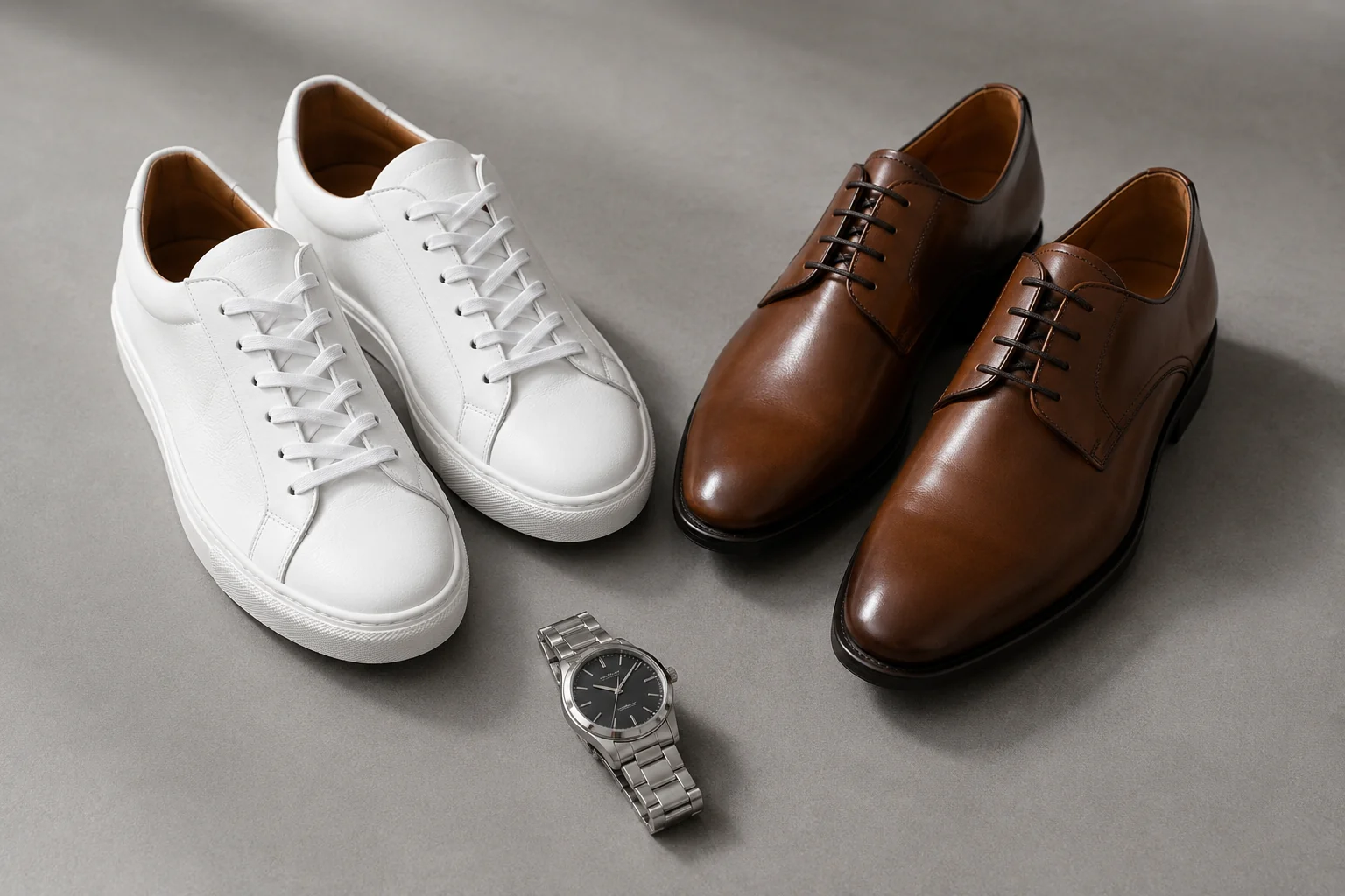 Product shot of white leather sneakers, brown derby shoes and a steel-band watch arranged on a plain grey surface, natural light