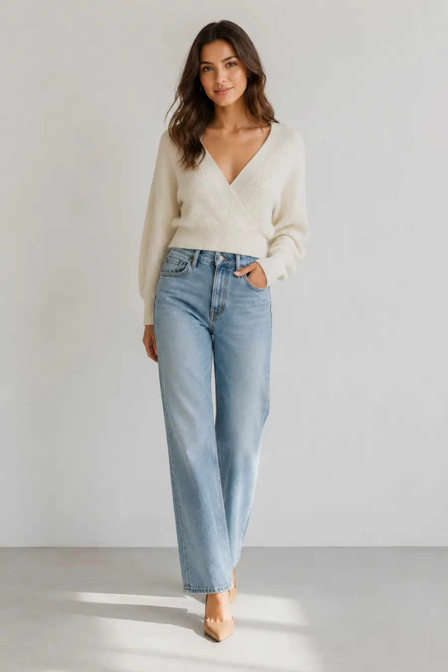 A relaxed casual birthday outfit — a soft knit top with jeans, shown on a plain light background with soft natural lighting