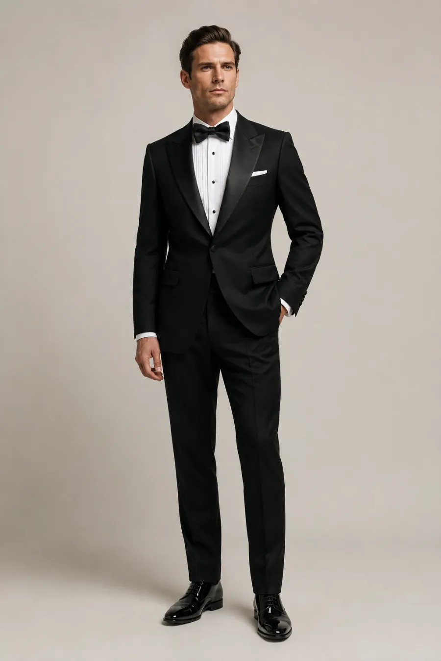 Full-length studio shot of a classic black tuxedo with satin peak lapels, white pleated shirt, black bow tie, and patent leather shoes on a tall man, plain neutral background