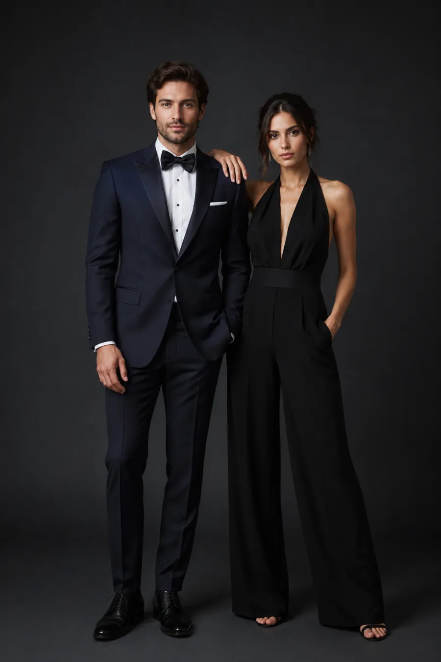 Full-length photo of a tailored midnight-blue tuxedo on a man beside a sleek black evening jumpsuit on a woman, both on a plain dark studio background