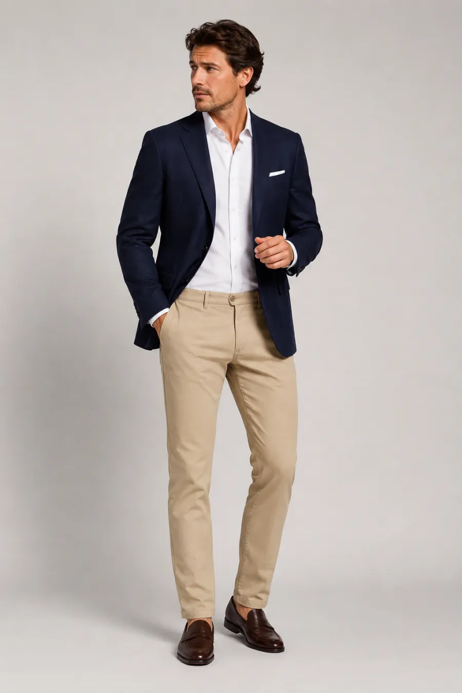 A man in his thirties wearing beige chinos, a white button-down, and a navy blazer with brown loafers, plain neutral studio background, clean lighting, full body