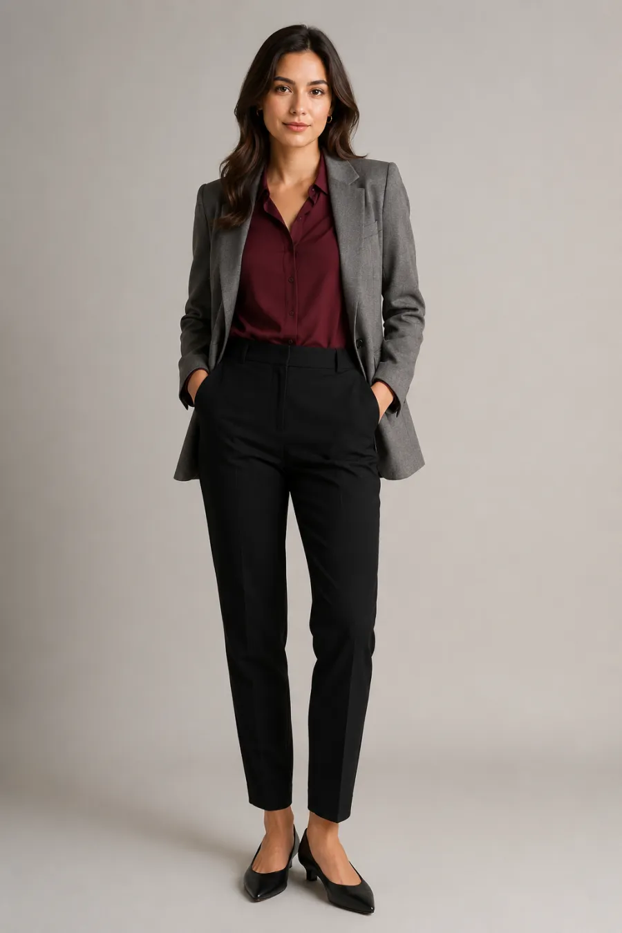 A woman in her late twenties wearing a burgundy blouse tucked into tailored black trousers with a grey blazer and black pointed flats, plain neutral studio background, full body