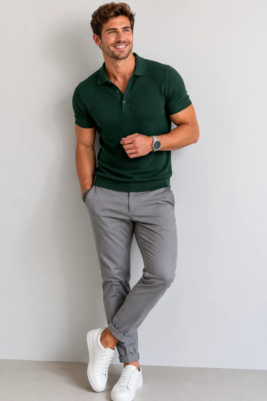 A man in his twenties wearing a forest green knit polo, slim grey chinos, and white minimalist leather sneakers, plain light studio background, full body