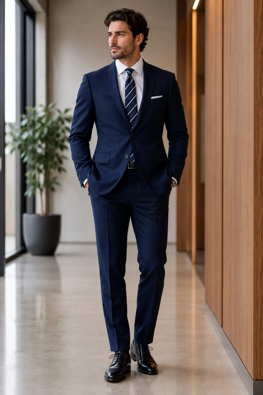 A man in his early 30s wearing a navy wool two-piece suit, crisp white dress shirt, navy-and-silver striped tie, and polished black oxford shoes, standing in an office corridor, full body, entire figure from head to feet in frame, centered with headroom
