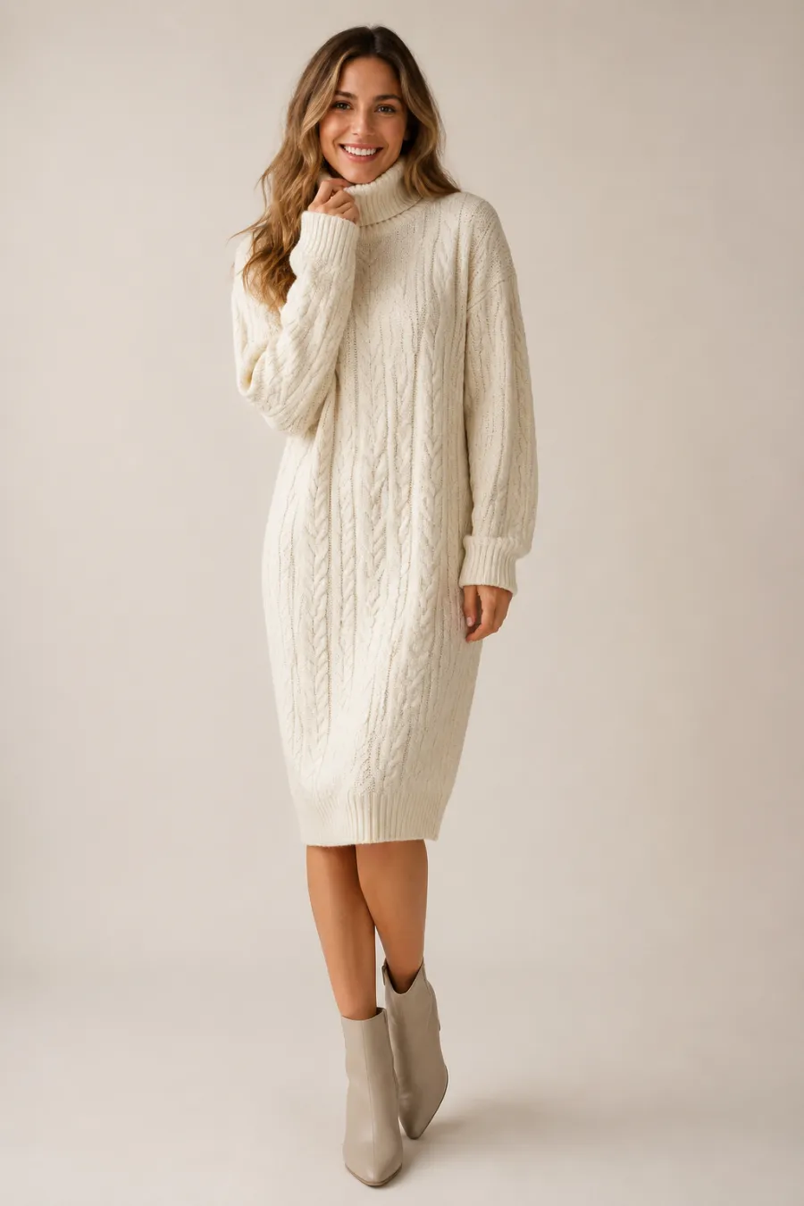 A cozy Christmas family-dinner look — a soft cream cable-knit sweater dress with ankle boots, shown on a plain light background with warm natural lighting
