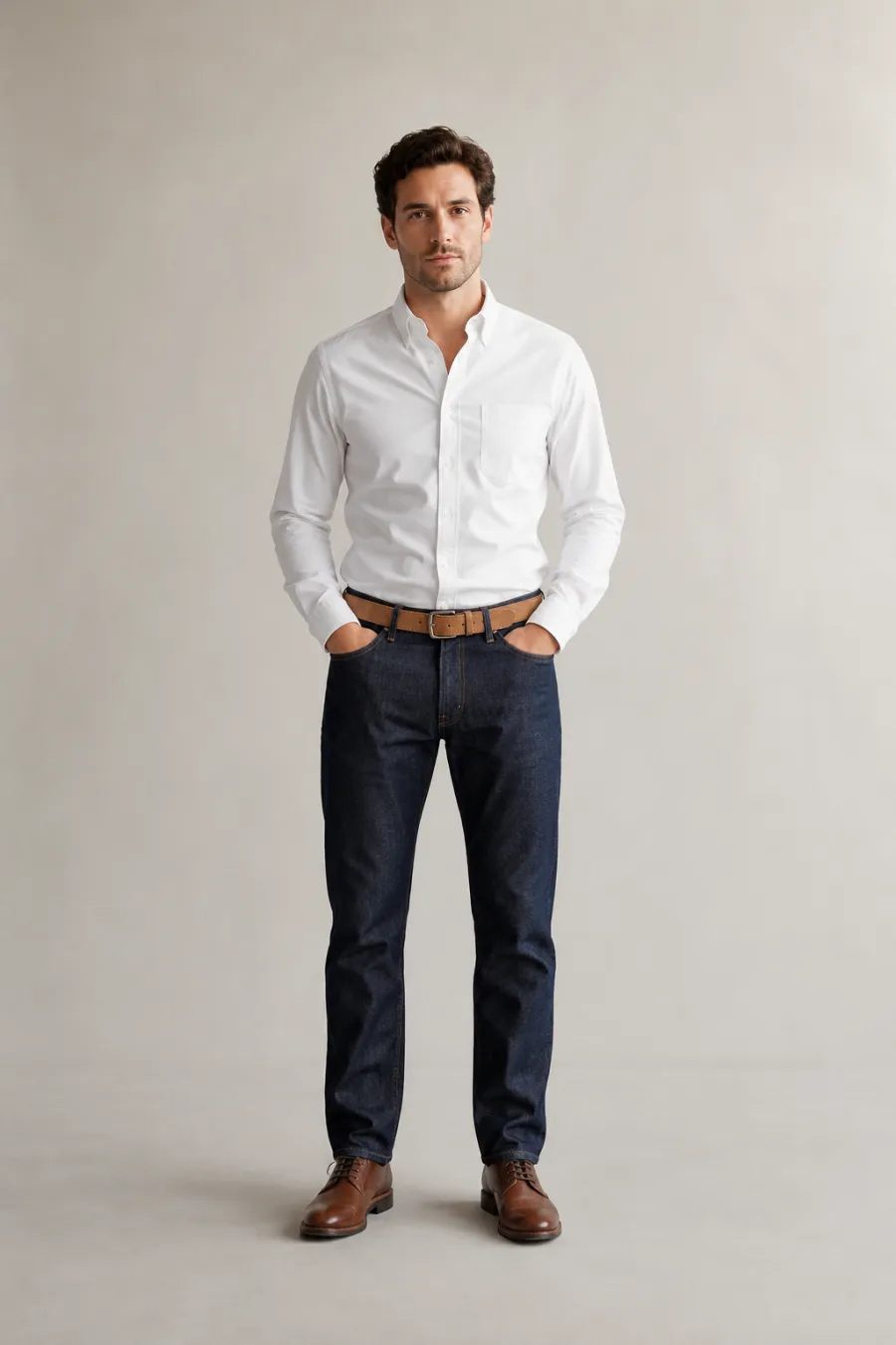 A man in his early thirties wearing dark indigo straight-leg jeans, a white button-down shirt tucked in, a tan suede belt, and brown leather derby shoes, standing relaxed and centered, full body, entire figure from head to feet in frame, centered with headroom