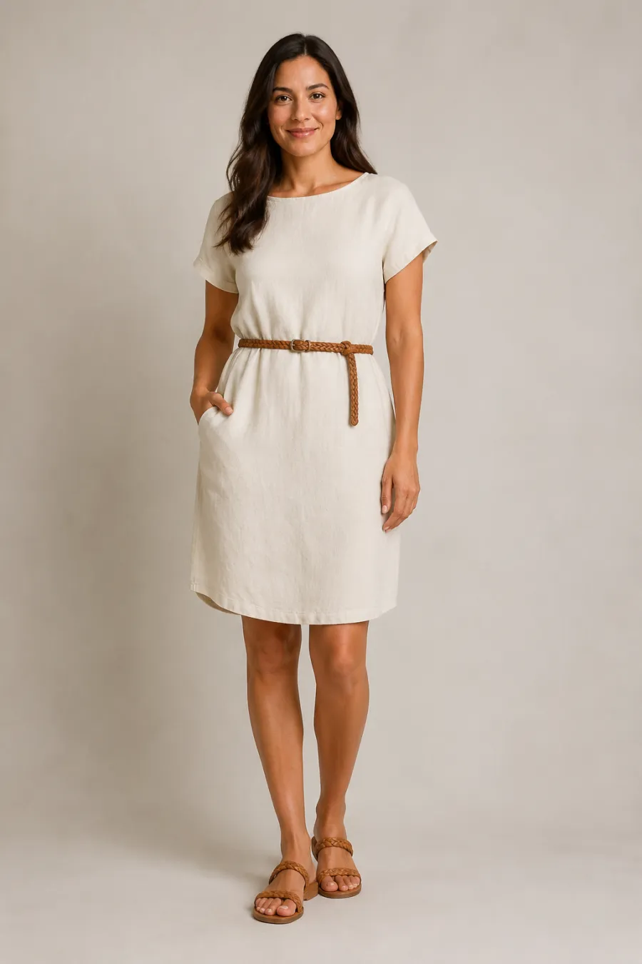 An adult woman wearing a soft cream short-sleeve linen shift dress at knee length with tan flat sandals and a thin woven belt, standing straight and smiling gently, full body, entire figure from head to feet in frame, centered with headroom