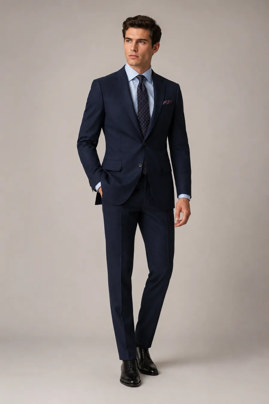 Full body shot of a men's cocktail look — a navy tailored suit with a light blue shirt and patterned tie, on a plain neutral studio background