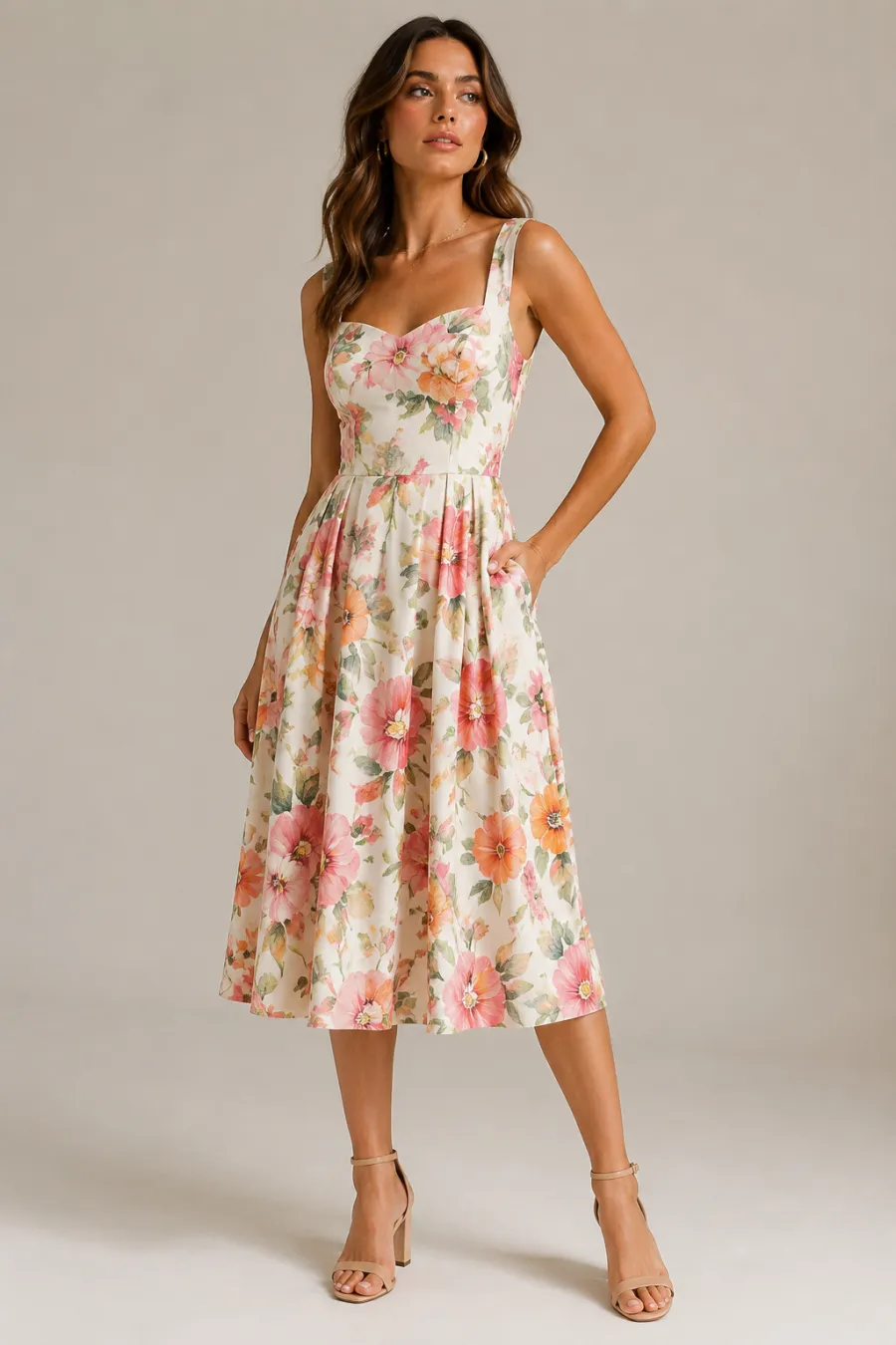 Full body shot of a daytime cocktail look — a floral fit-and-flare midi dress with block-heel sandals, on a plain light studio background, soft natural light