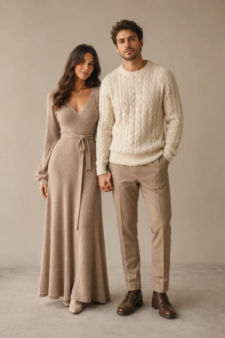 A young couple in their mid-twenties in coordinated cream and taupe outfits, the woman in a flowing taupe knit maxi dress and the man in a cream cable-knit sweater with tan trousers, holding hands, full body, entire figure from head to feet in frame, centered with headroom