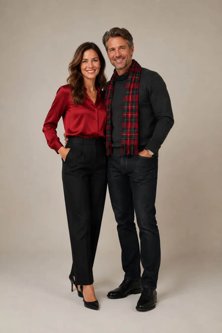 A couple in their forties in festive holiday looks, the woman in a deep red satin blouse and black tailored trousers, the man in a charcoal sweater with a red and green plaid scarf and dark jeans, standing close together, full body, entire figure from head to feet in frame, centered with headroom