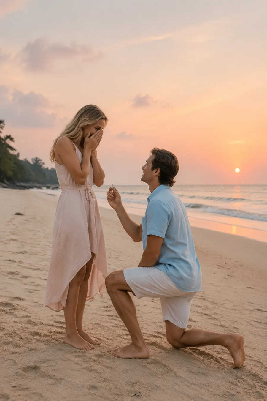 An engaged couple on a sandy beach at sunset: the woman in a light blush linen sundress, the man in a pale-blue short-sleeve linen shirt and white shorts, both barefoot, soft pastel sky behind them, full body