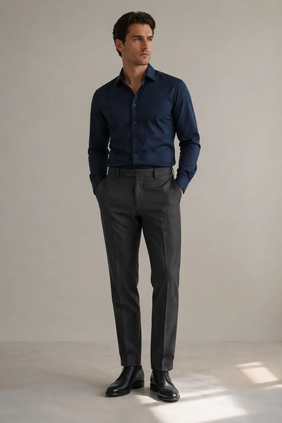 Full body shot of a smart-casual mourning outfit — dark grey trousers with a navy long-sleeved button-down shirt — shown on a plain neutral background with soft daylight
