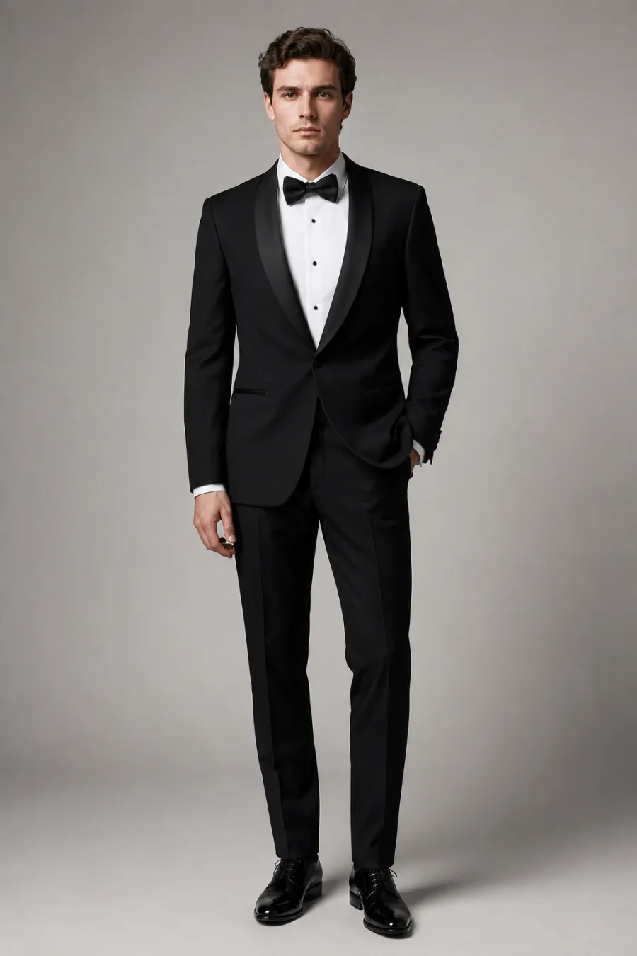 Full-body shot of a classic black tuxedo with satin lapels and black bow tie displayed on a plain neutral background, soft studio lighting