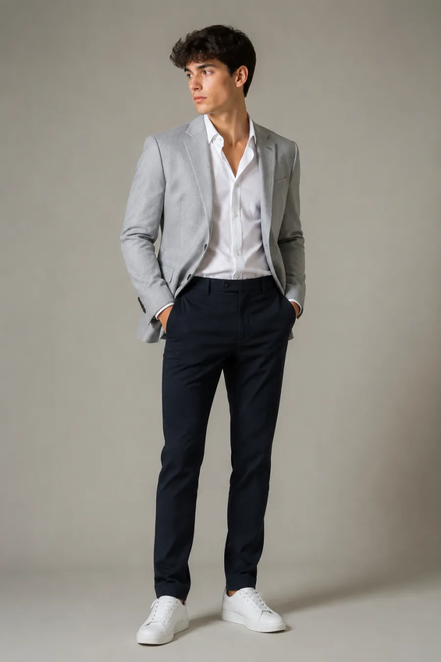 An adult man trying on a light gray blazer over a white open-collar shirt with dark chinos and white sneakers for a graduation after-party, full body, entire figure from head to feet in frame, centered with headroom