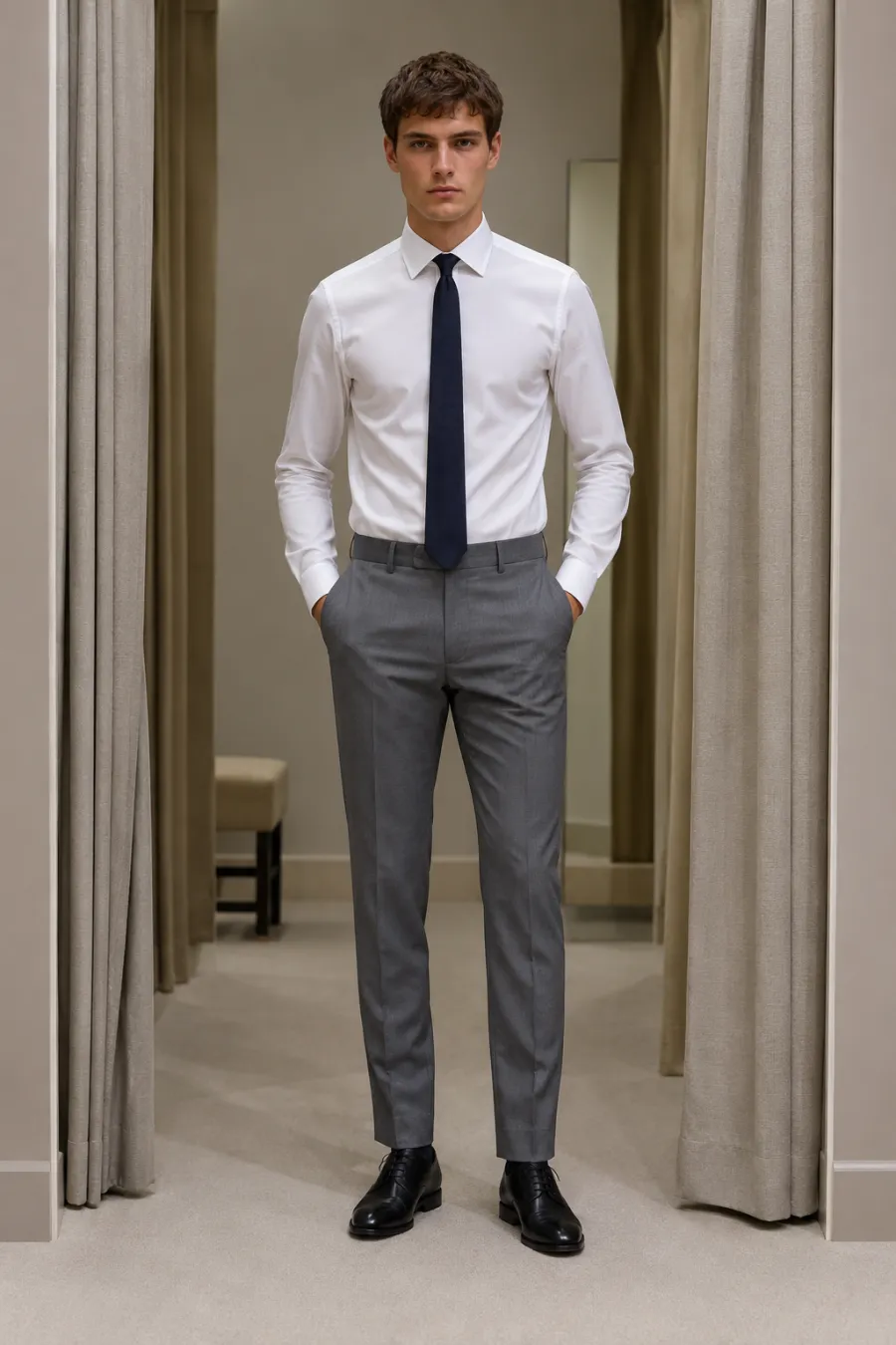 An adult man with short brown hair wearing a white dress shirt, navy slim tie, gray slacks and black leather oxford shoes, standing in a fitting room, full body, entire figure from head to feet in frame, centered with headroom