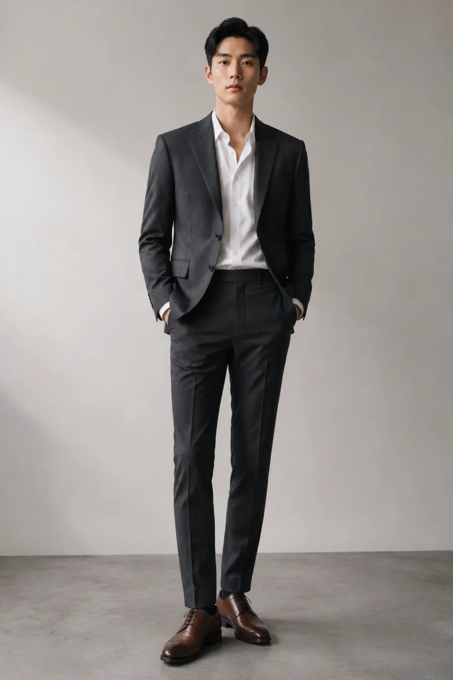 An adult man with short black hair wearing a charcoal two-piece suit with an open-collar white shirt and brown dress shoes, standing in a styling area, full body, entire figure from head to feet in frame, centered with headroom