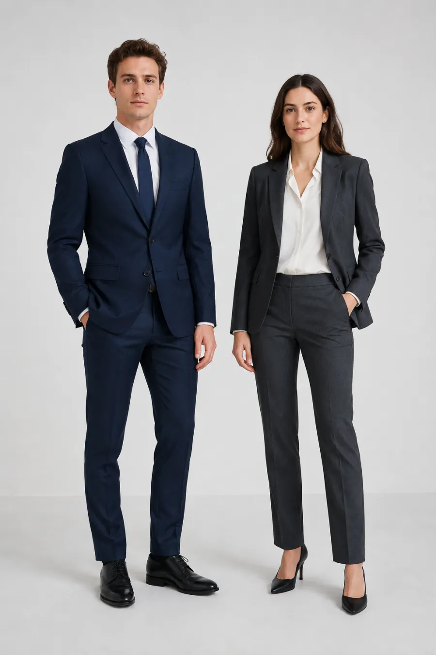 Full-length shot of a corporate interview look — a navy two-piece suit beside a charcoal pantsuit with a white blouse, on a plain studio background, clean lighting, full body