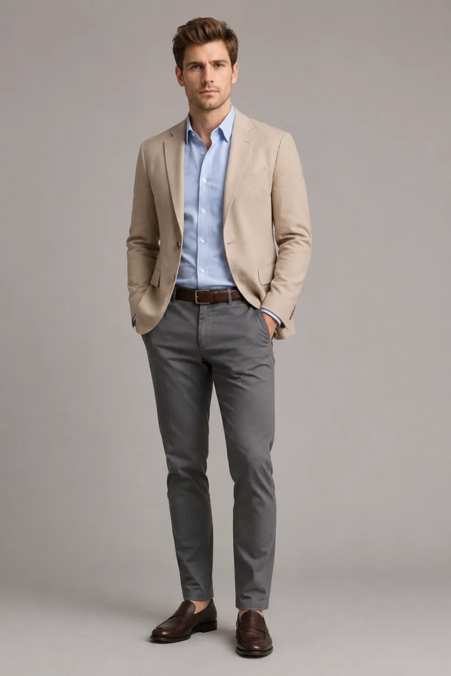 A business-casual interview outfit — a beige blazer over a light blue button-down shirt with grey chino trousers, shown on a plain neutral background, soft studio lighting, full body