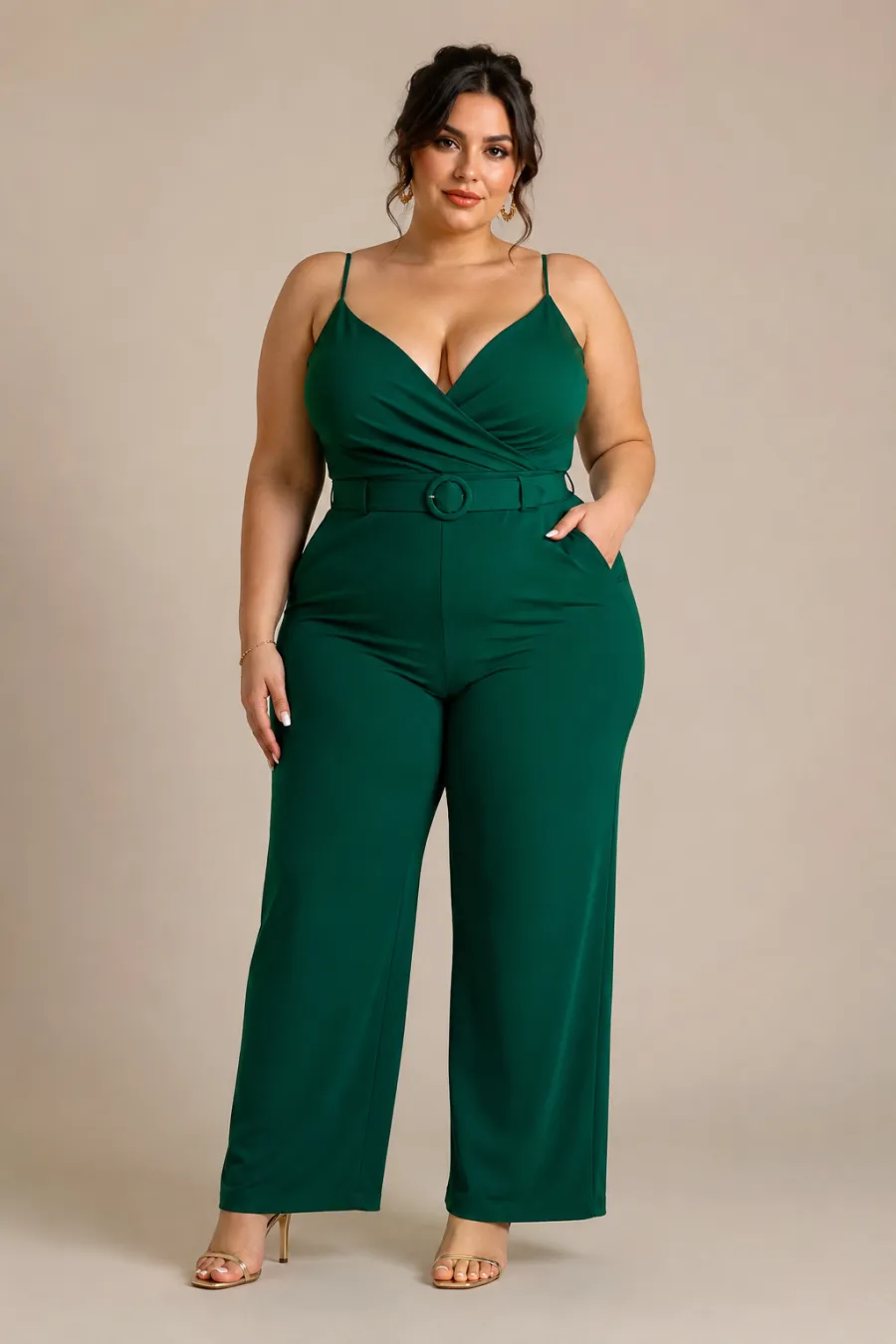 Full-body shot of a plus size date-night look — a fitted emerald jumpsuit with a cinched waist, shown on a plain neutral background, soft studio lighting