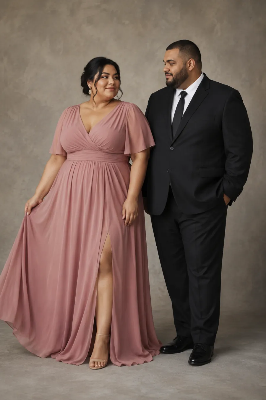 Full-body shot of a plus size formal look — a long dusty-rose evening gown beside a dark tailored suit, on a plain studio background