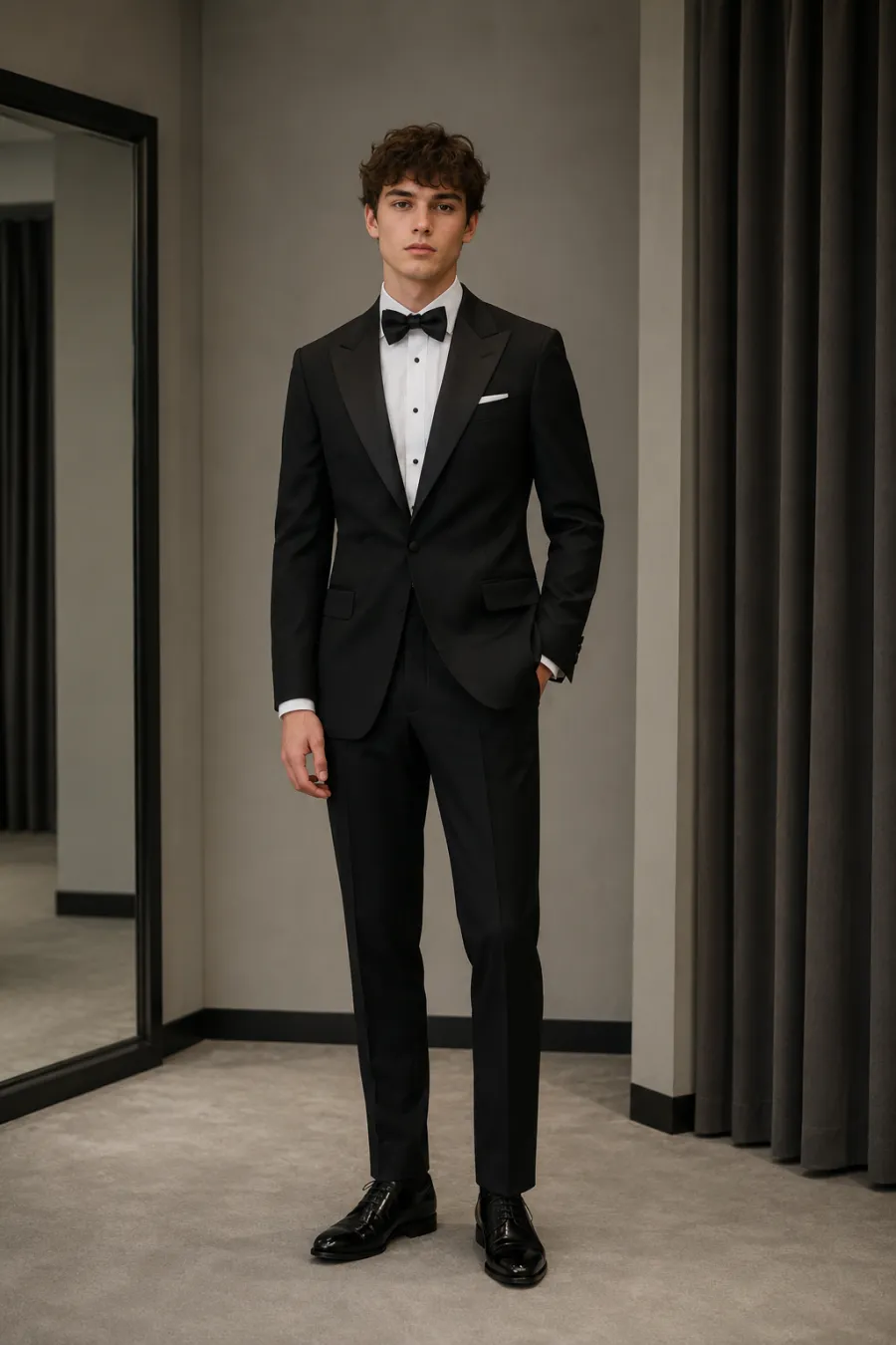 An adult man in a black peak-lapel tuxedo with a crisp white shirt and a black bow tie, standing in a formal fitting room, full body, entire figure from head to feet in frame, centered with headroom
