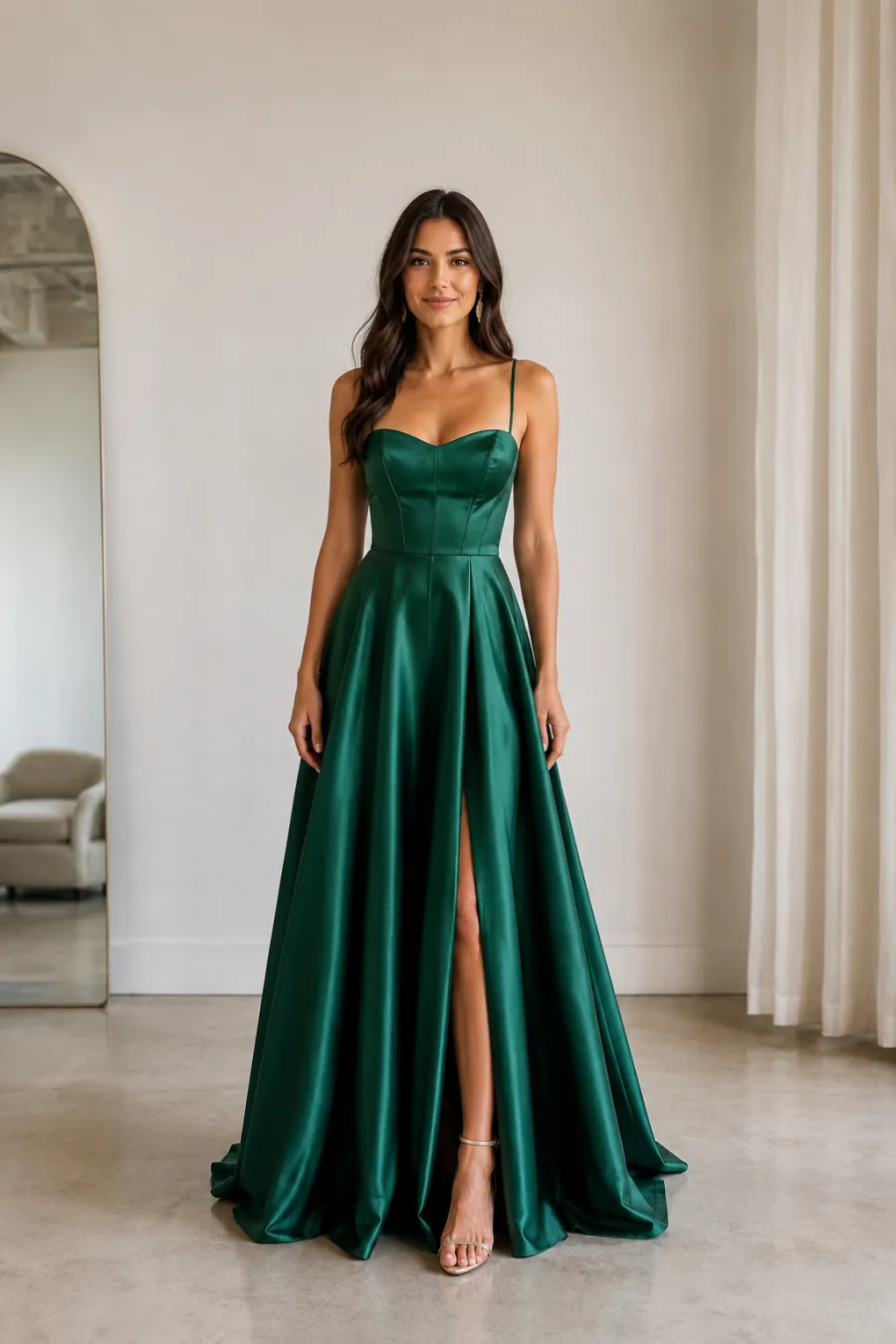 An adult woman in a floor-length emerald satin A-line prom gown with thin straps and a fitted bodice, standing in a bright boutique, full body, entire figure from head to feet in frame, centered with headroom