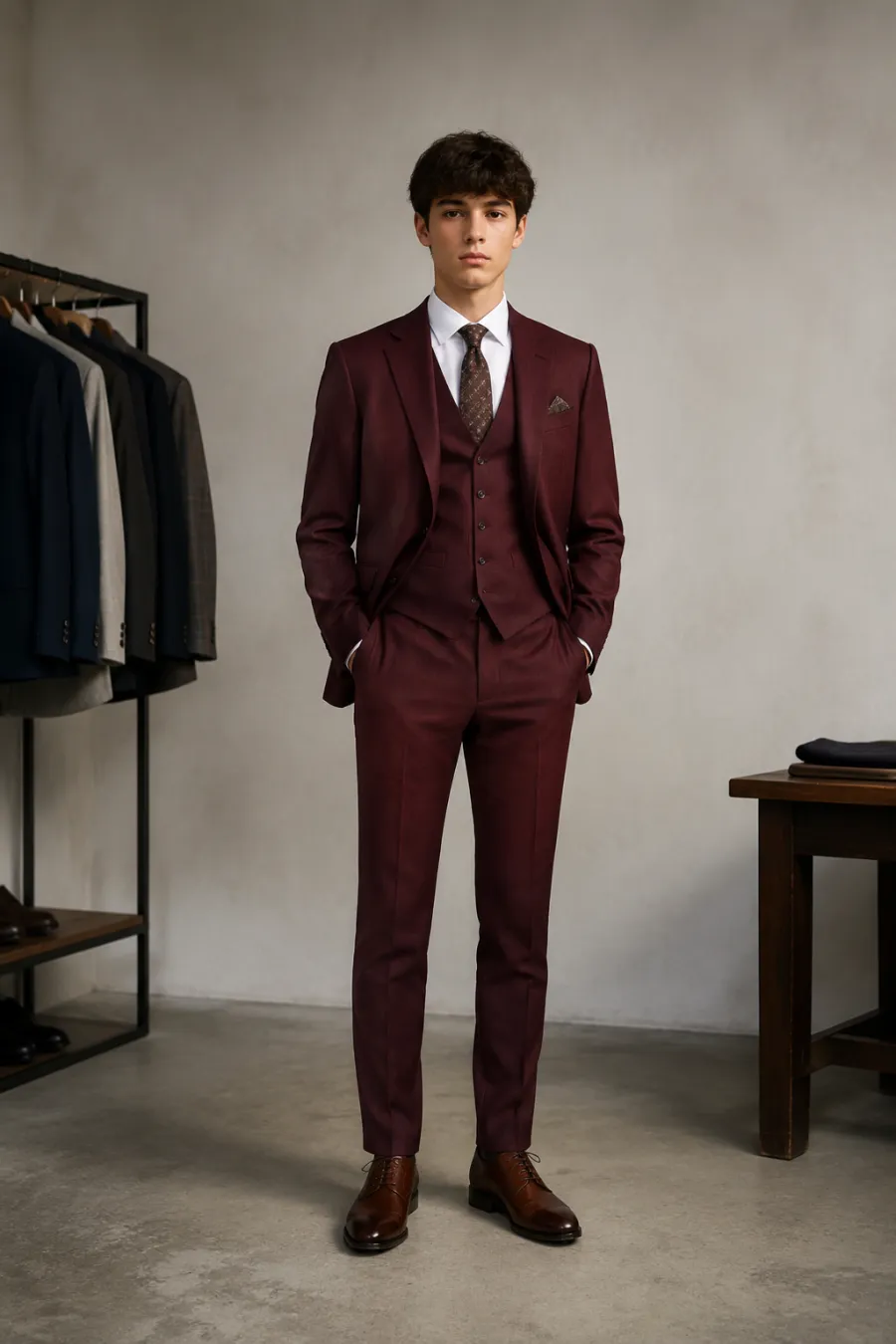 An adult man in a tailored burgundy three-piece suit with a patterned long tie, a waistcoat, and brown leather shoes, standing in a menswear shop, full body, entire figure from head to feet in frame, centered with headroom