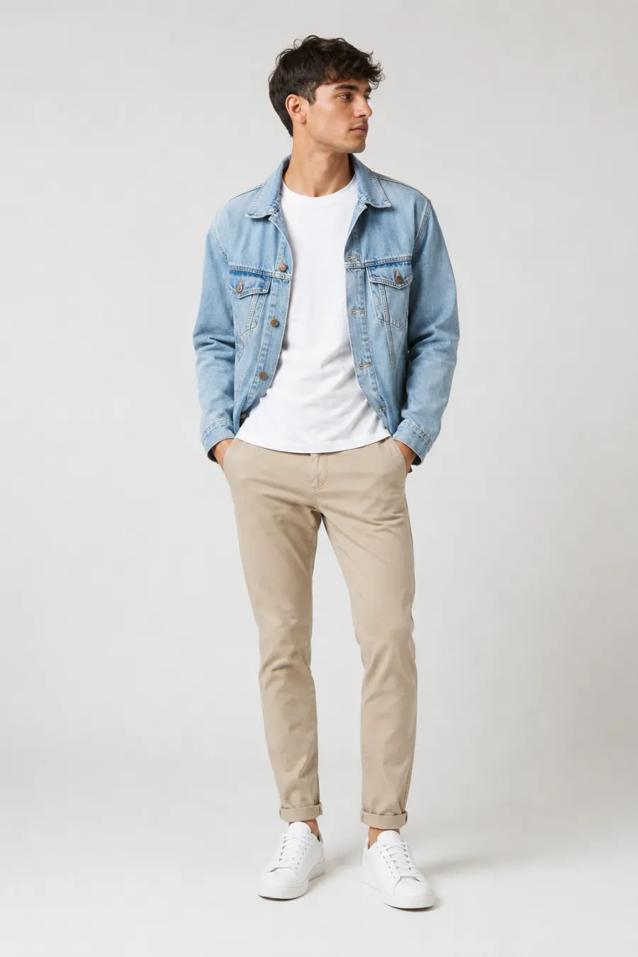 Full body shot of a casual spring outfit on a young man — a white cotton crew tee under an open light-wash denim jacket, slim beige chinos, and white sneakers, on a plain light studio background, soft even lighting, full body, entire figure from head to feet in frame, centered with headroom